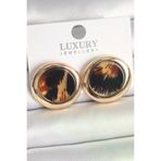 Hafk HFK-MMEYEB67ee6de418464c735306846c Mey İthalat® Pirinç Gold Renk Leopar Desen Daire Model Kadın Küpe