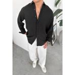 HAFKA Siyah Basic Relaxed Ham Keten Gömlek - XL