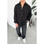 HAFKA Siyah Çizgili Oversize Keten Gömlek