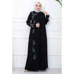 Hafsa Mina Büyük Beden Yaprak Taşlı Anne Elbisesi Siyah HM2350 - 44