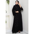 Hafsa Mina Kuşaklı Çiçek Taşlı Ferace Siyah HM2853