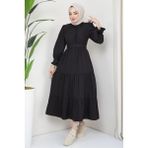 Hafsa Mina Önü Fırfırlı Kolu Bağlamalı Elbise Siyah - 48