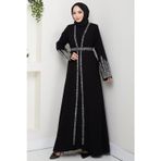 Hafsa Mina Taş Detaylı İçlikli Abaya Takım Siyah HM2858