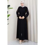 hafsamina Bağcıklı Kolu Nakışlı Ferace Siyah HM2854