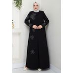 hafsamina Büyük Beden Lale Taşlı Anne Elbisesi Siyah HM2692