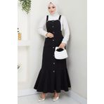 hafsamina Eteği Fırfırlı Düğmeli Kot Salopet Elbise Siyah HM