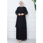 hafsamina Kolları Taşlı Büyük Beden Anne Elbisesi Siyah HM2349