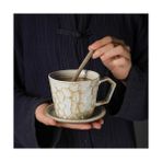 HaiTun Japon Retro Kahve Kupa ve Tabağı Süt Içme Suyu Seramik Bardaklar Yeşil Çay Cafe Ev Kupalar Tatlı Plaka Stoneware Kupası | Kahve Kupası ve tabak Setleri (Yurt Dışından) - 1 Adet - 300 ml - Bej