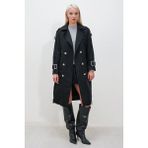 Hak Oversize Geniş Kesim Kuşaklı Trenç Kadın Siyah Ceket Yaka Modern Tasarım - XL