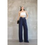 Haka Giyim Kadın Palazzo Pileli Pantolon Ithal Doubleface Kumaş Yüksek Kaliteli Ürün Yüksek Bel Kemerli - Lacivert - 46