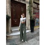 Haki Beli Lastikli Çilek Kumaş Kadın Pantolon