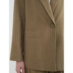 Haki Çizgili Keten Karışımlı Kadın Blazer Ceket