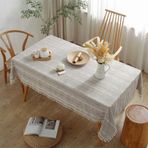 Haki Çizgili Püsküllü Masa Örtüsü - Kahve Masaları için Toz Geçirmez Dikdörtgen Masa Örtüsü, 140x100 cm, Şık Ev Dekoru, Yemek ve Etkinlikler için Mükemmel