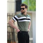 Haki Fermuarlı Polo Yaka Çizgili Erkek Tişört E7406 - XL