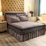 Haki Kadife Yatak Eteği ve Valance Seti 150-180x220CM Altın Nakışlı Gömme Yatak Örtüsü Fırfırlı Çift Kişilik Yatak için Pileli Tasarım Zarif Pamuklu Yatak Örtüsü