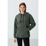 Haki Kalın Yumuşak Dokulu Kapüşonlu Oversize Nakışlı Polar Kadın Sweatshirt - 97292 - 2XL