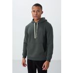 Haki Pamuklu Kalın İçi Tüylü Yumuşak Dokulu Comfort Fit Nakışlı Erkek Sweatshirt - 88419