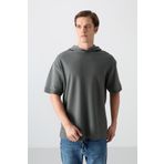 Haki Pamuklu Kalın Yüzeyi Dokulu Oversize Fit Basic Erkek T-Shirt - 88335