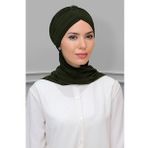 Haki Pratik Hazır Geçmeli Tesettür Bone Sandy Kumaş Taçlı Büzgülü Şifon Atkılı 1208A_09