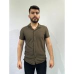 Haki Renk Dikey Çizgili Erkek Gömlek