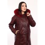 Hakiki Deri Bordo Kapşon Kürklü Kadın Ceket