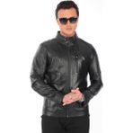 Hakiki Deri Erkek Ceket | Yaka Tokalı Spor Model - XL - Siyah
