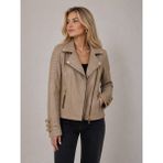 Hakiki Deri Kadın Bej Biker Ceket Fermuarlı ve Kol Toka Detaylı Slim Fit Deri Mont - XS