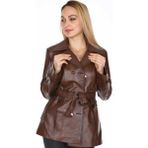 Hakiki Deri Kahverengi Kemerli Düğmeli Kadın Ceket - 2XL - 0-Kahverengi