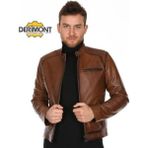 Hakiki Deri Kahverengi Kısa Fermuarlı Erkek Deri Ceket - 2XL - Karışık