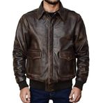 Hakiki Deri Pilot Ceket, Eskitilmiş Kahverengi, Gömlek Yaka, Trikolu Bel (Eskitme Kahverengi, 5XL)