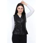 Hakiki Deri Siyah Alanzo Düğmeli Kadın Deri Yelek