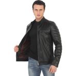 Hakiki Kuzu Derisi Ceket Siyah Biker Mont Kapitone Kollu Slim Fit El Yapımı Derimont - 4XL