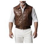 Hakiki Kuzu Derisi Erkek Yelek, Kahverengi, Fermuarlı, Gömlek Yaka, Ribanalı Bel, Saten Astarlı, 5 Cepli (Taba Renk Hakiki Deri Şişme Yelek, 44)