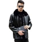 Hakiki Manda Derisi Kürk Yakalı Deri Mont Kaban Erkek (Siyah, 5XL)