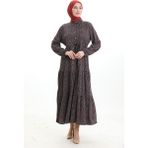 Hakim Yaka Çiçek Desenli Elbise 0197-02 Siyah Kırmızı - 44 - 46