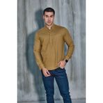 Hakim Yaka Yarım Pat Likra Keten Doku Pamuk Slim Fit Erkek Gömlek - 2XL - Açık Kahve