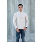 Hakim Yaka Yarım Pat Likra Keten Doku Pamuk Slim Fit Erkek Gömlek - Bej - 2XL