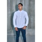 Hakim Yaka Yarım Pat Likra Keten Doku Pamuk Slim Fit Erkek Gömlek - Beyaz