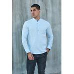 Hakim Yaka Yarım Pat Likra Keten Doku Pamuk Slim Fit Erkek Gömlek - Buz Mavi