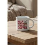 Half Human Half Coffee Baskılı Enamel Görünümlü Seramik Vintage Kupa Bardak - Beyaz