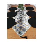 HALFART Gri Moroccan Desenli Duck Keten Runner ve 6 Adet Siyah Keten Supla Seti