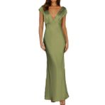 Halfisland Kadın Yaz Saten V Yaka Kap Kollu Backless Maxi Elbise Zarif Twist Cut Out Midi Elbiseler Düğün Misafir, Zeytin, S