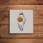 Halloween Spooky Ghost Temalı Doğal Taş Traverten Bardak Altlığı 4 Lü Set