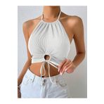 Halter Yaka Bağlamalı Büzgülü Beyaz Renk Fitilli Crop Top Bluz