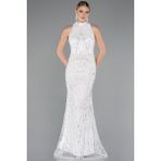Halter Yaka Boncuklu Uzun Balık Abiye ABU4791 - 36 - Beyaz