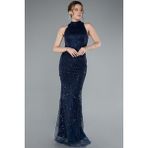 Halter Yaka Boncuklu Uzun Balık Abiye ABU4791 - 38 - Lacivert