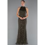 Halter Yaka Boncuklu Uzun Balık Abiye ABU4791 - 40 - Koyu Haki