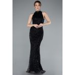 Halter Yaka Boncuklu Uzun Balık Abiye ABU4791 - 40 - Siyah