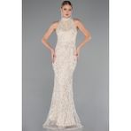 Halter Yaka Boncuklu Uzun Balık Abiye ABU4791 - Bej - 38