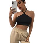 Halter Yaka Boyundan Bağlamalı Siyah Renk Crop Top Bluz (Siyah, XS)